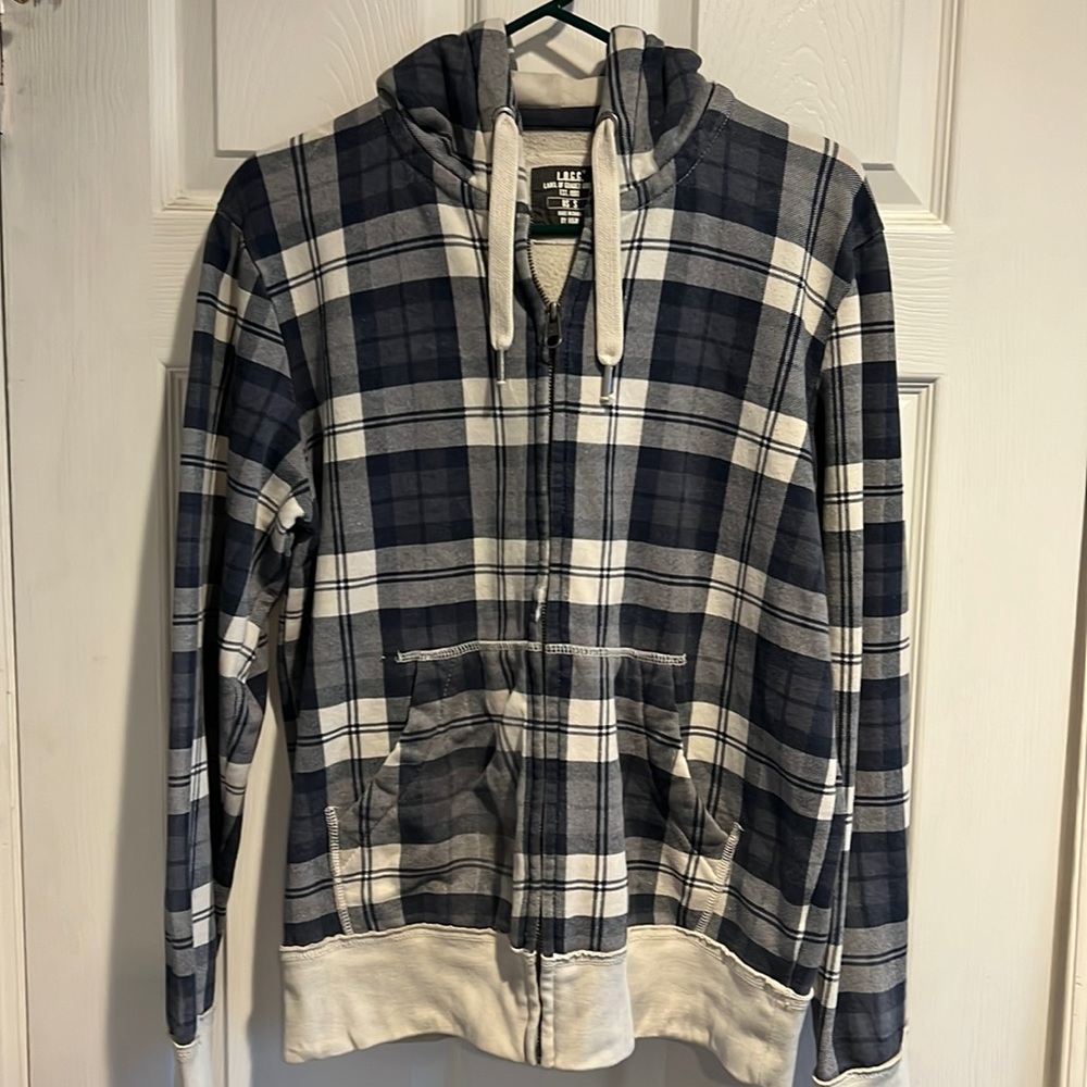 L.O.G.G. By H&M men size S small hoodie zip up sweatshirt plaid white blue grey